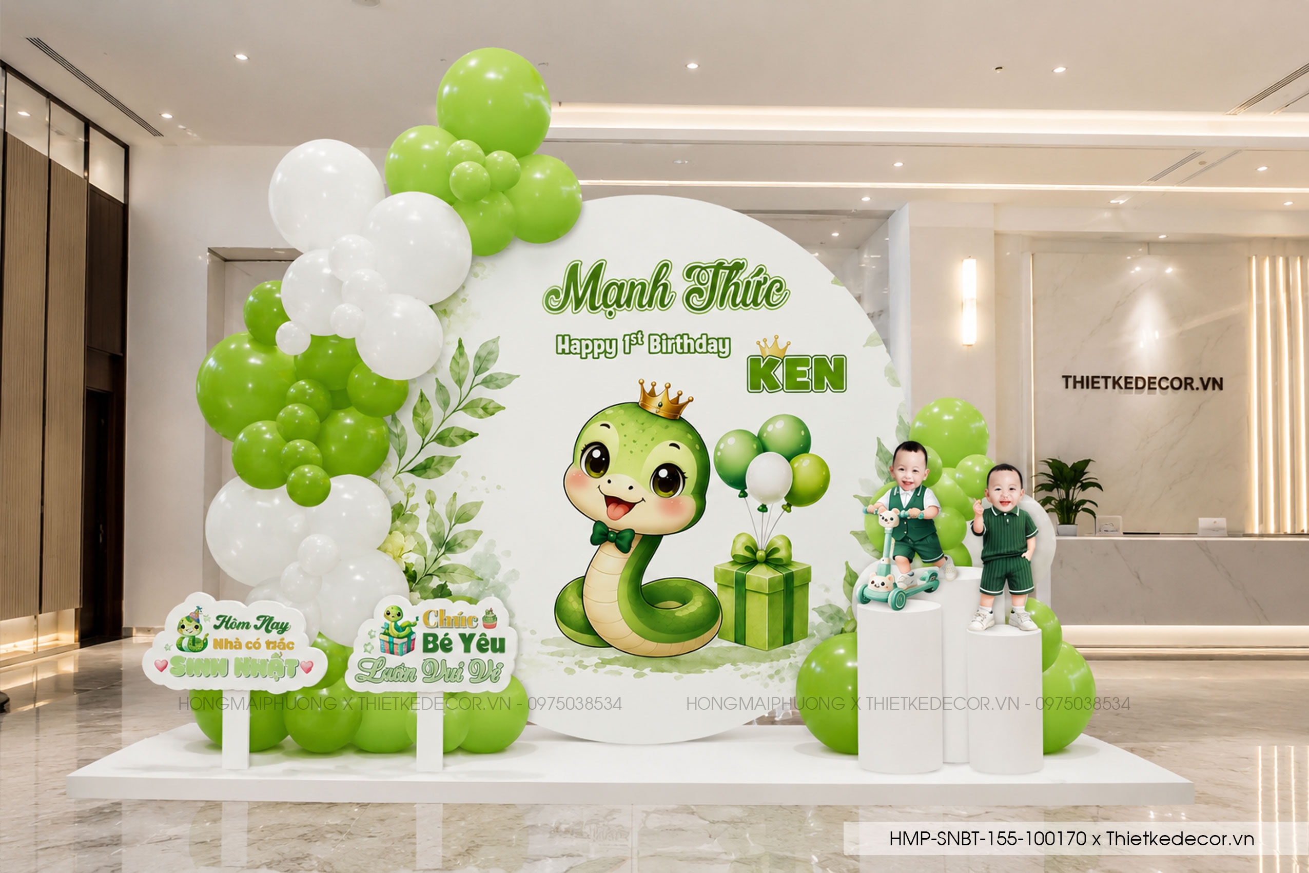 File thiết kế decor trang trí tiệc sinh nhật bé trai tuổi Rắn - Tỵ mix bong bóng cute dễ thương đáng yêu tone xanh lá cây